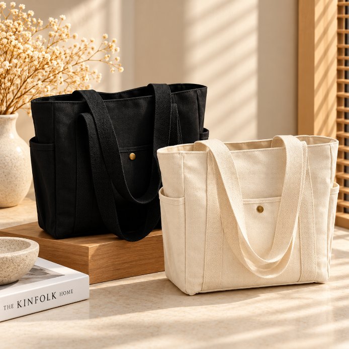 Maren Canvas Tote Bag Maren Canvas Tote Bag collection in black and beige with long shoulder straps, multiple exterior pockets and durable canvas fabric
