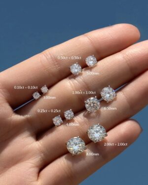 Margot round moissanite stud earrings shown in multiple carat sizes from 0.10ct to 2.00ct with brilliant cut round stones.