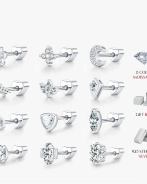 Collection of Marguerite moissanite screw back stud earrings in 925 sterling silver, featuring flower, cross, crescent moon, shark, butterfly, geometric and solitaire designs.