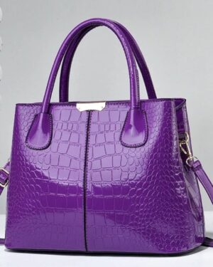 Purple Marlow croc embossed satchel bag with glossy finish, double top handles and detachable shoulder strap