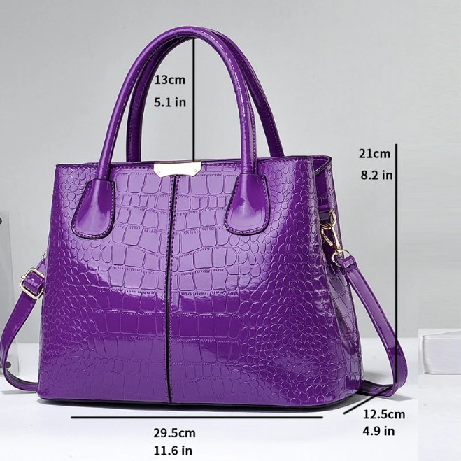 Purple Marlow croc embossed satchel bag showing 29.5 cm width, 21 cm height and 12.5 cm depth