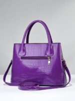 Back view of purple Marlow croc embossed satchel bag with exterior zip pocket and detachable shoulder strap