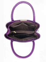 Interior view of purple Marlow croc embossed satchel bag showing lined compartments, pockets and zip sections