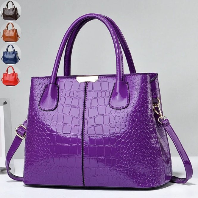 Purple Marlow croc embossed satchel bag with glossy finish, double top handles and detachable shoulder strap