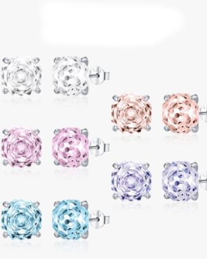 Octavia rose cut CZ stud earrings in clear, peach, pink, lilac and sky blue, shown from the front and side in silver settings.