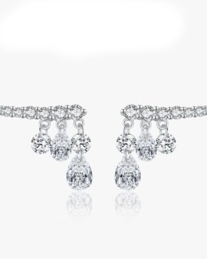 Silver Ophelia ear climber stud earrings with sparkling clear CZ stones and dangling round and water drop crystals.