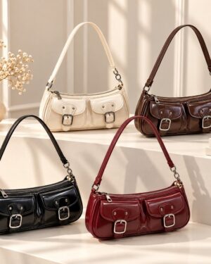 Quinn Double Pocket Shoulder Bag collection in cream, coffee brown, black and burgundy with twin front pockets and buckle details