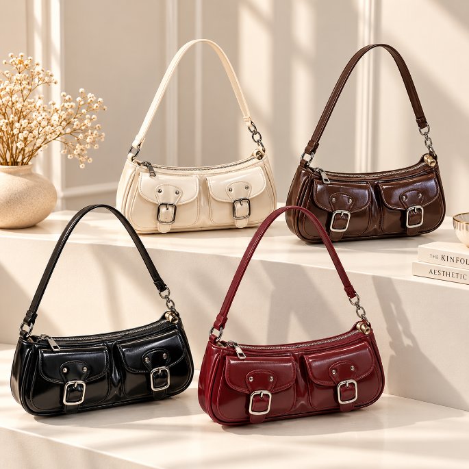 Quinn Double Pocket Shoulder Bag Quinn Double Pocket Shoulder Bag collection in cream, coffee brown, black and burgundy with twin front pockets and buckle details