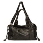 Reese Vintage Washed Shoulder Bag (13) Black Reese Vintage Washed Shoulder Bag with double top handles, detachable long shoulder strap, braided detailing and antique gold-tone hardware on white background