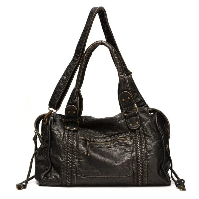 Black Reese Vintage Washed Shoulder Bag with double top handles, detachable long shoulder strap, braided detailing and antique gold-tone hardware on white background
