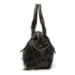 Reese Vintage Washed Shoulder Bag (14) Side profile of black Reese Vintage Washed Shoulder Bag showing rounded shape, top zipper closure, reinforced handles and adjustable shoulder strap attachments