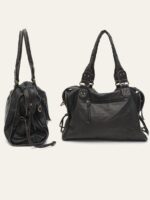 Reese Vintage Washed Shoulder Bag (4) Black Reese Vintage Washed Shoulder Bag displayed from front and side angles, featuring double handles, zipper pockets and vintage-inspired gold-tone hardware