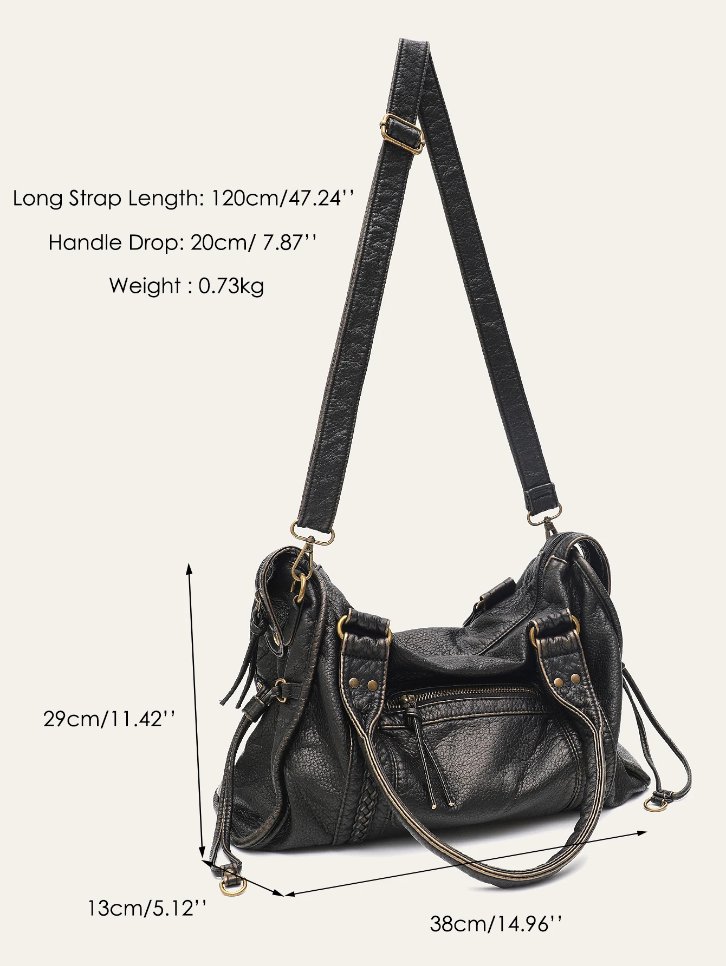 Reese Vintage Washed Shoulder Bag size guide showing 38 cm width, 29 cm height, 13 cm depth, adjustable 120 cm shoulder strap and 20 cm handle drop