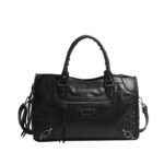 Black Ridley Rivet Motorcycle Bag with top handles, detachable shoulder strap, front zip pocket, rivet details and decorative buckles