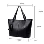 Sable black tassel tote bag size guide showing 44 cm top width, 33 cm base, 28 cm height and 14 cm depth