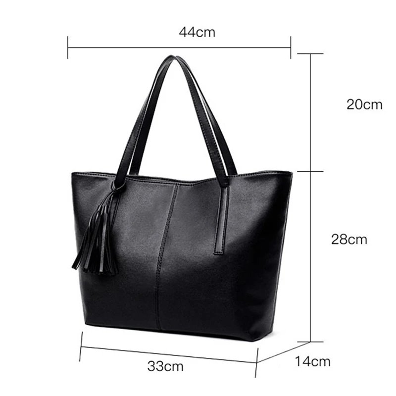 Sable black tassel tote bag size guide showing 44 cm top width, 33 cm base, 28 cm height and 14 cm depth
