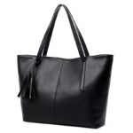 Front angled view of Sable black tassel tote bag with long shoulder handles, centre stitching and decorative tassel