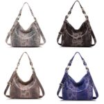 Serpentine Hobo Snake Print Shoulder Bag (1) Women’s serpentine hobo snake print shoulder bag shown in beige, black, brown, and blue with top handle and adjustable shoulder strap