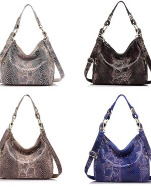 Women’s serpentine hobo snake print shoulder bag shown in beige, black, brown, and blue with top handle and adjustable shoulder strap