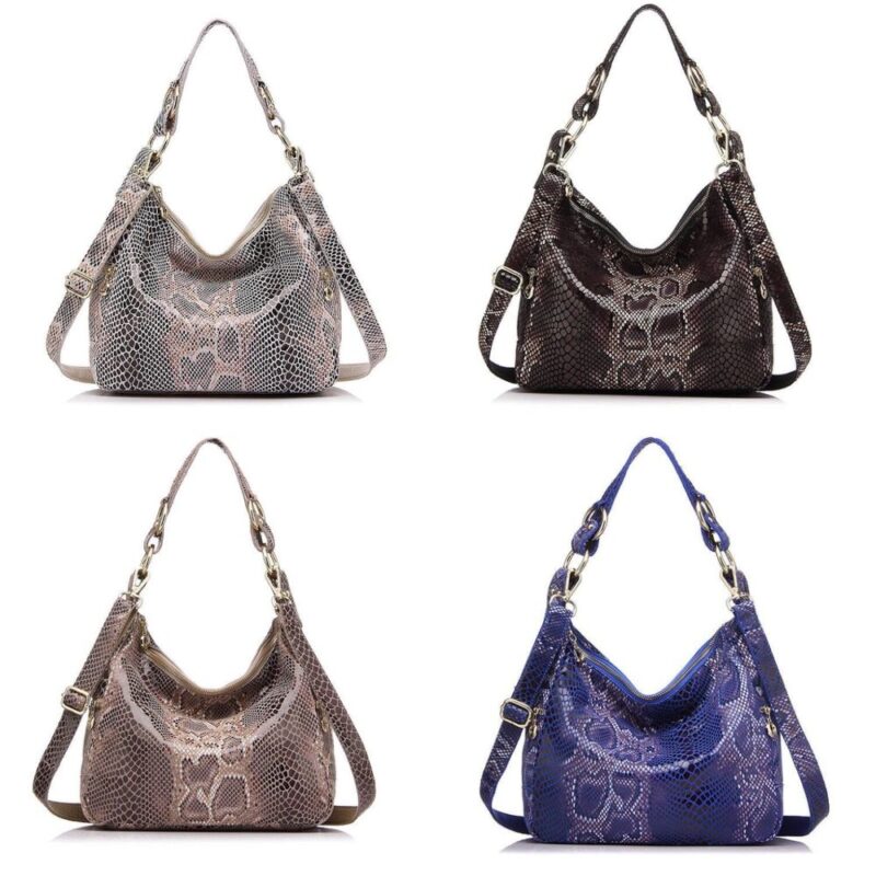 Serpentine Hobo Snake Print Shoulder Bag (1) Women’s serpentine hobo snake print shoulder bag shown in beige, black, brown, and blue with top handle and adjustable shoulder strap