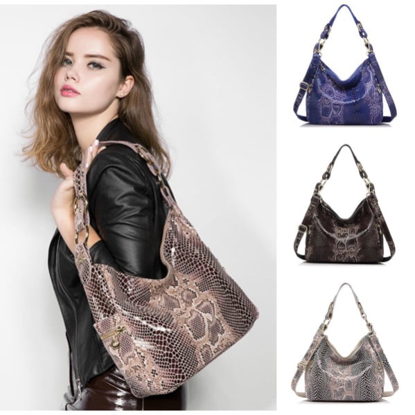Women’s snake print hobo shoulder bag modeled on the shoulder with blue, black, and beige color options shown