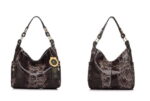 Serpentine Hobo Snake Print Shoulder Bag (3) Black snake print hobo shoulder bag for women shown from the front and back with gold tone hardware and zipper pockets
