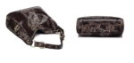 Serpentine Hobo Snake Print Shoulder Bag (4) Black snake print women’s hobo bag shown from the top and bottom with zipper closure, shoulder handle, and gold tone hardware
