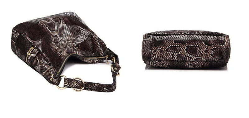 Black snake print women’s hobo bag shown from the top and bottom with zipper closure, shoulder handle, and gold tone hardware