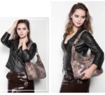 Serpentine Hobo Snake Print Shoulder Bag (6) Women’s snake print hobo shoulder bag modeled in two poses, featuring a slouchy silhouette, top handle, and brown snakeskin pattern
