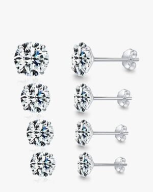 Simone clear CZ stud earrings in four sizes with round brilliant cut stones, silver settings, and butterfly push backs.