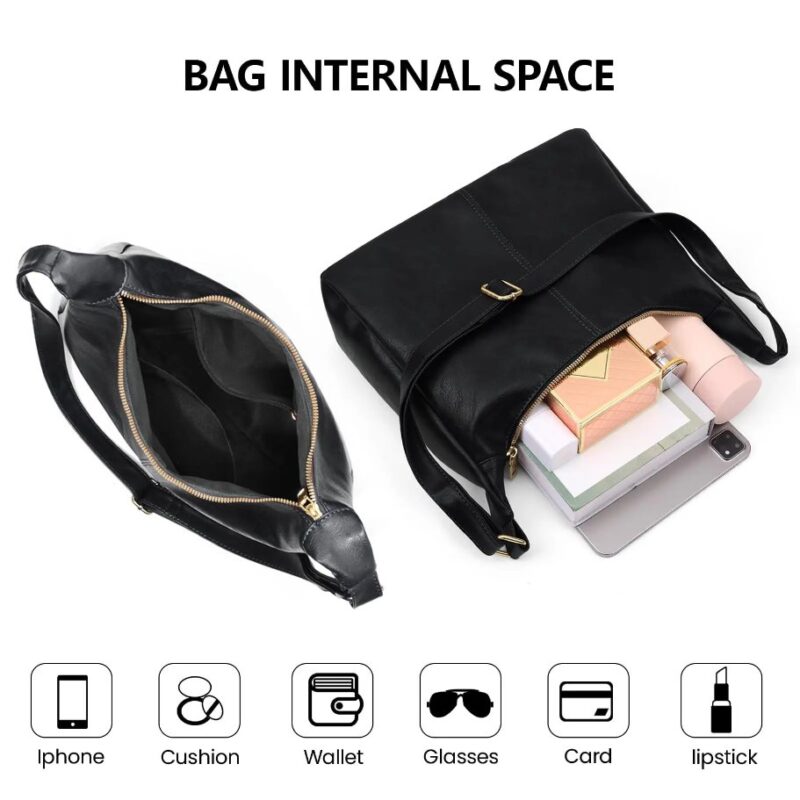 Black Sutton Hobo Shoulder Bag interior showing zip closure, spacious main compartment and storage space for phone, wallet and everyday essentials