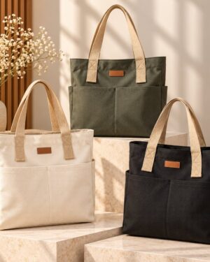 Home - Fashion Trendy Shop Tegan Large Canvas Tote Bag collection in black, green and white with beige shoulder straps, spacious design and front pockets