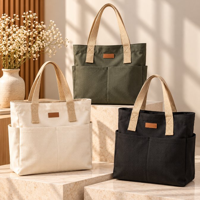 Tegan Large Canvas Tote Bag Tegan Large Canvas Tote Bag collection in black, green and white with beige shoulder straps, spacious design and front pockets