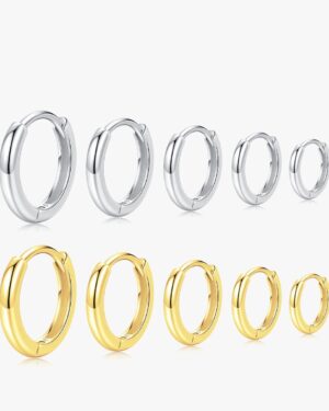 Thea smooth huggie hoop earrings in polished gold and silver finishes, shown in multiple hoop sizes from 1cm to 1.8cm.