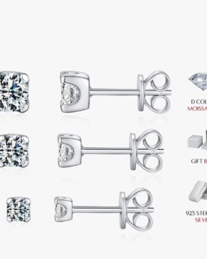 Verena square frame moissanite stud earrings in polished 925 sterling silver, shown in 3mm, 4mm and 5mm sizes with butterfly backs.
