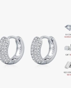 Wide pavé moissanite huggie hoop earrings in 925 sterling silver with sparkling D colour stones