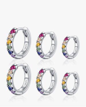 Zinnia rainbow CZ huggie hoop earrings in 925 sterling silver shown in 10mm, 12mm and 14mm sizes