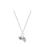 Aziza silver Hamsa and evil eye CZ necklace with sparkling crystal hand and blue evil eye charms