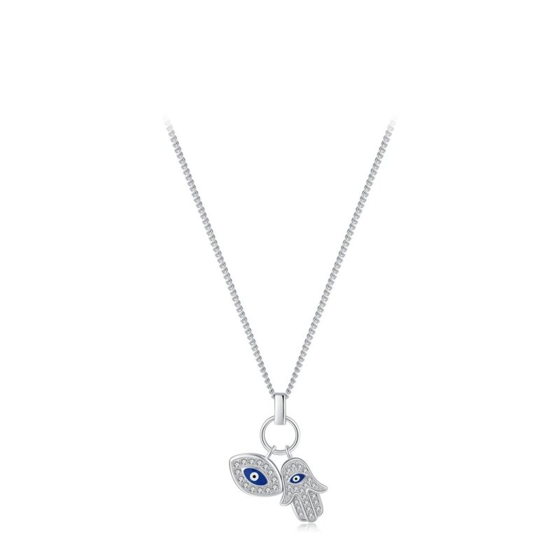 Aziza silver Hamsa and evil eye CZ necklace with sparkling crystal hand and blue evil eye charms