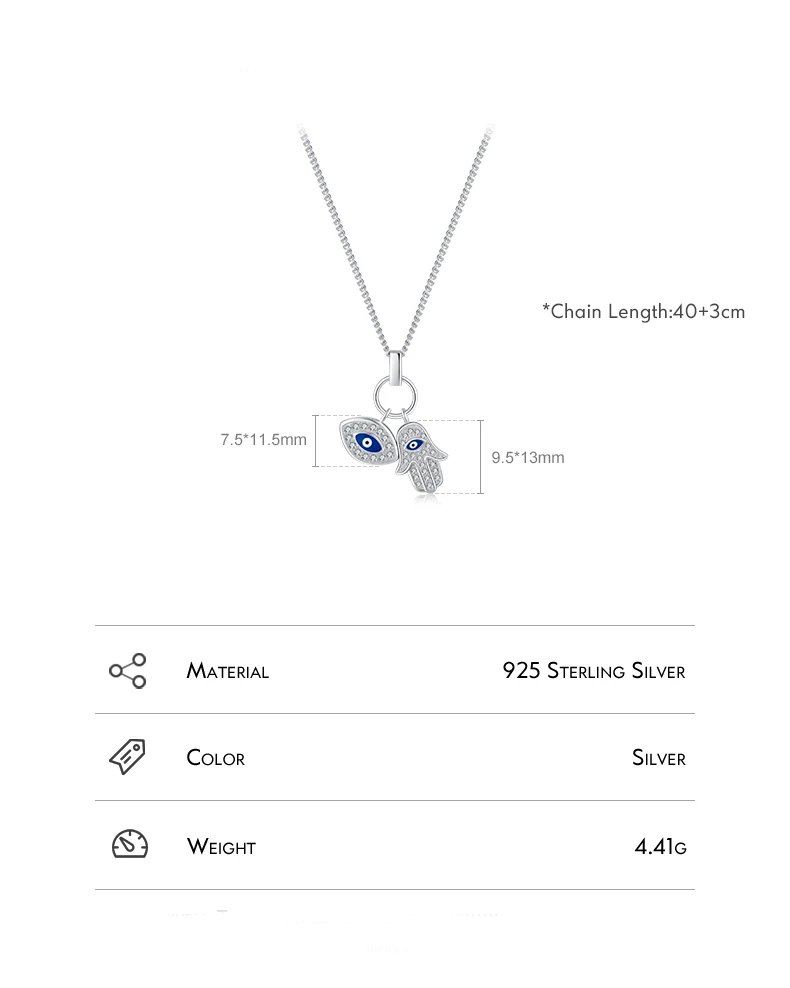 Aziza sterling silver Hamsa and evil eye CZ necklace with crystal charms, dimensions and chain length details